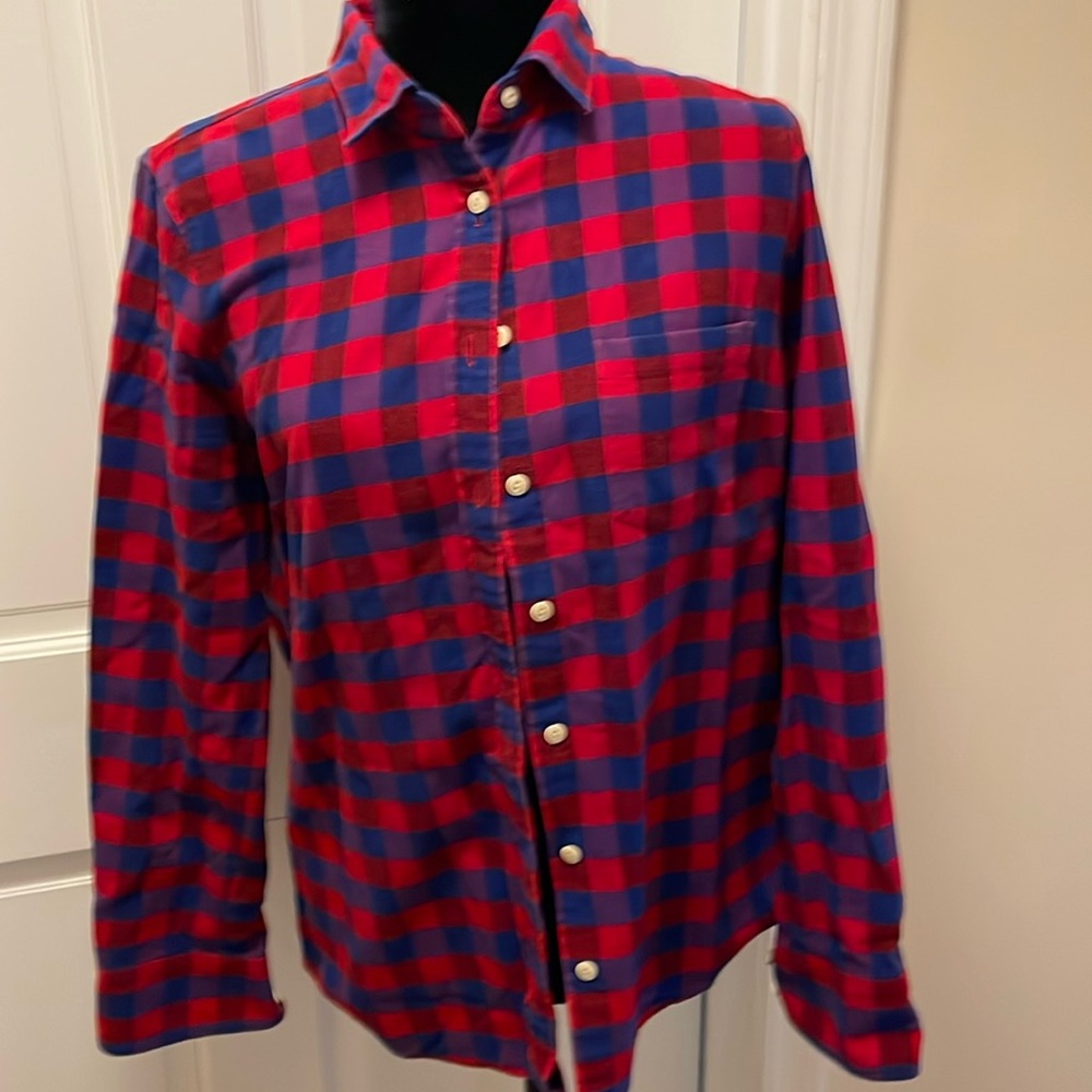 🍋 J. Crew Boy style button down in red, blue, purple checked print size 6
